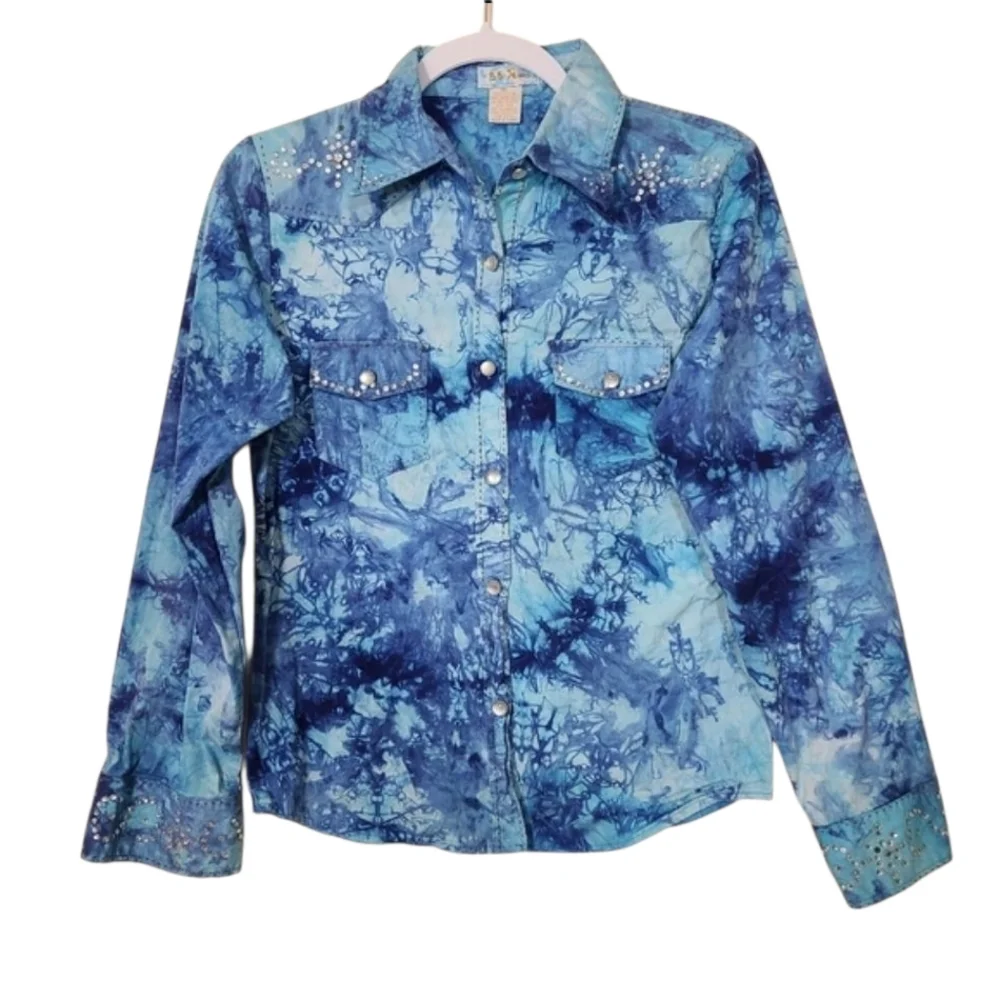 Y2K TyeDye Rhinestone Jacket Blue Silver Rhinestones Shirt With Pockets XL - Picture 1 of 11